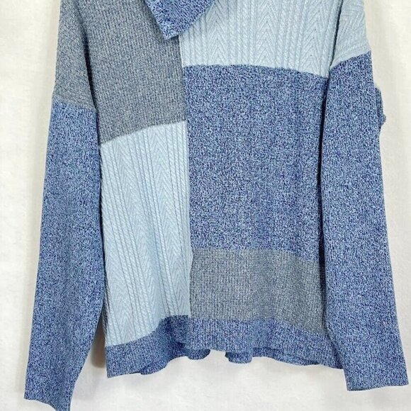 FDJ French Dressing Jeans Patchwork Cable Knit Turtleneck Sweater Blue XL - Picture 3 of 10